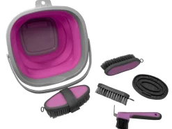 SHILOH STABLES TACK 5-Piece Grooming Kit with Collapsible Bucket- Bathing Tools|Brushes & Hoof Picks