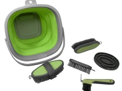 SHILOH STABLES TACK 5-Piece Grooming Kit with Collapsible Bucket- Bathing Tools|Brushes & Hoof Picks